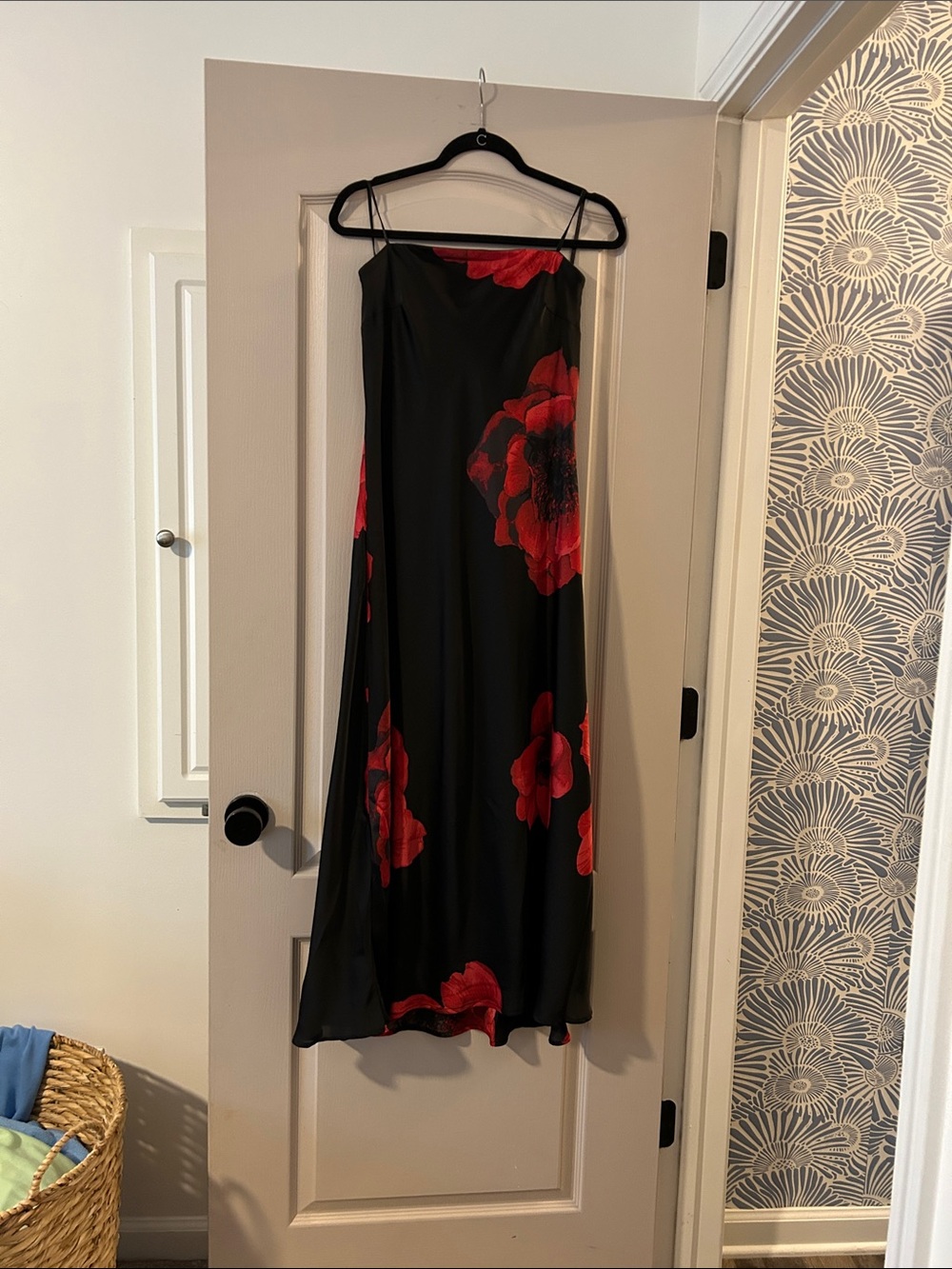 Black Maxi Slip Skirt with Red Floral Motif